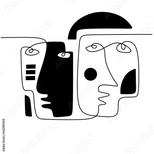 Hand drawing one line surreal primordial face isolated on white background.