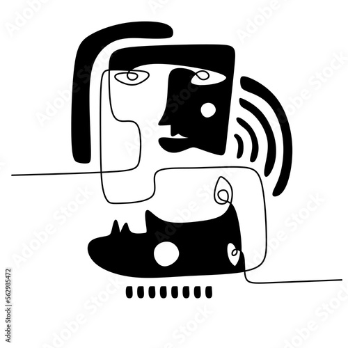 Hand drawing one line surreal primordial face isolated on white background.