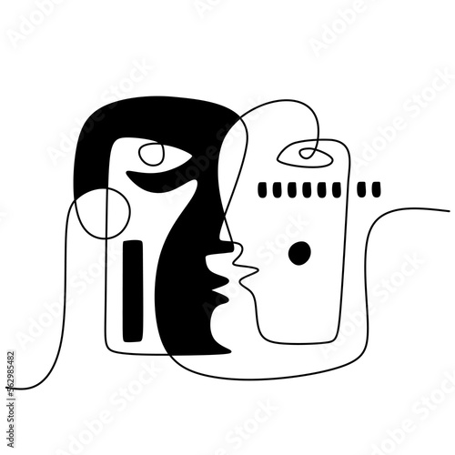 Hand drawing one line surreal primordial face isolated on white background.