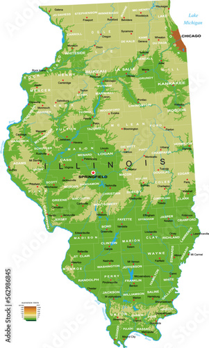 Illinois highly detailed physical map