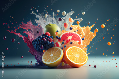 Various fruits and fruit juice splash, Generative AI
