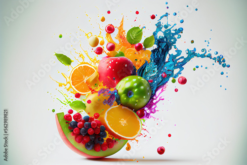 Various fruits and fruit juice splash, Generative AI