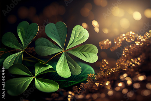 Beautiful Festive background with shining clover shamrocks and golden bokeh. St. Patrick's Day backdrop. 