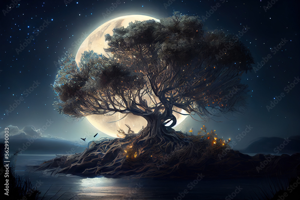 Tree of life concept, A huge beautiful tree with a large moon in the ...