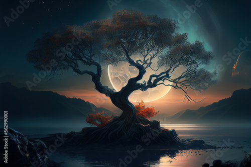 Tree of life concept, A huge beautiful tree with a large moon in the background, Generative AI photo