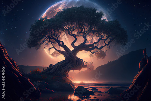 Tree of life concept, A huge beautiful tree with a large moon in the background, Generative AI