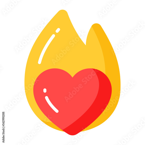 Fire flame with heart denoting love passion vector icon