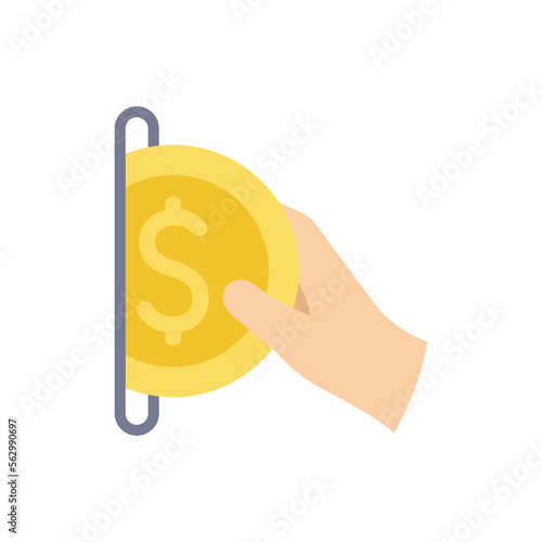 Vending machine icon. Put a coin into the machine. Hand pays with coin.