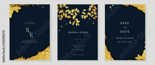 Luxury wedding invitation card background vector. Elegant gold botanical leaf branch and golden brush paint corner template background. Design illustration for wedding and vip cover template, banner.