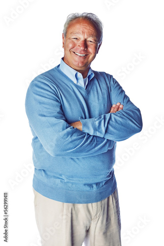 Person, happy and portrait of senior man in studio, proud and relax while enjoying retirement on white background. Confident, relaxed and elderly man with retired lifestyle, content and isolated