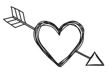 Heart and arrow shaped tangled grungy scribble hand drawn with thin line, divider shape. Isolated png clipart cutout
