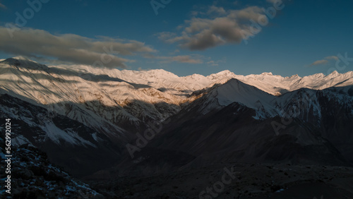 Spiti  Himachal Pradesh  India - April 1st  2021   Beautiful landscape with high mountains with illuminated peaks  Amazing scene with Himalayan mountains. Himalayas