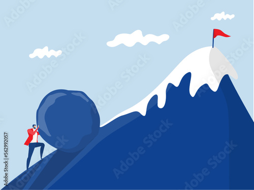 achieve goal and success concept Businessman pushing heavy boulder to mountain peak.hardship and burden concept. Cartoon vector illustration.