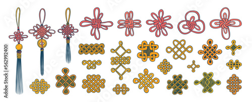 Chinese lucky knot charm. Japanese knot. Lucky knot coin amulet. Asian doodles. Japanese tassel. Asia culture symbols. Chinese New Year decoration.