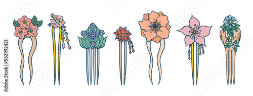 Japanese hair pins set. Asian doodles set. Asia culture. Japanese traditional flower hair accessory. Japan geisha hair style. Kimono flower accessory.