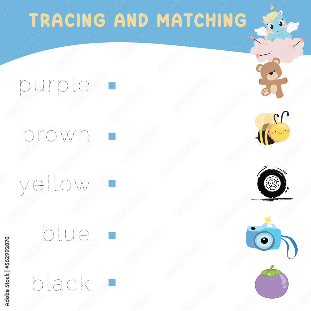 Trace and match words with pictures. Exercise for children to recognize color. Educational worksheet for preschool. Vector file. 