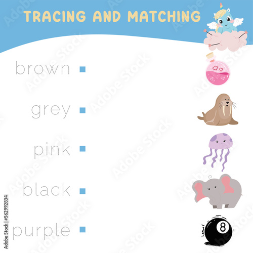 Trace and match words with pictures. Exercise for children to recognize color. Educational worksheet for preschool. Vector file. 