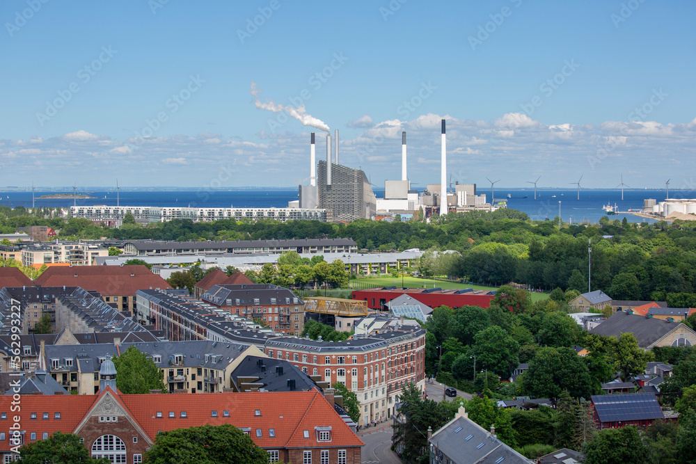 Aerial view of city and Amager Bakke (Copenhill), Copenhagen, Denmark