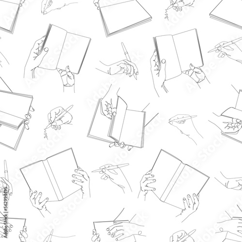 Collection. Human hands hold a book and a pen. Seamless pattern in art nouveau style in one line. Solid line, sketches, posters, murals, stickers, logo. Vector illustration.
