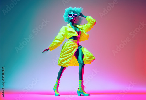 Fashionable sporty young girl posing on neon pink and purple background. Sports fashion style. Illustration. Generative AI.