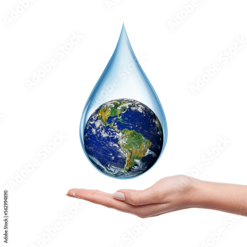 Water scarcity in the world concept. Planet earth dripping into hand in a drop of water. Elements of this image furnished by NASA.