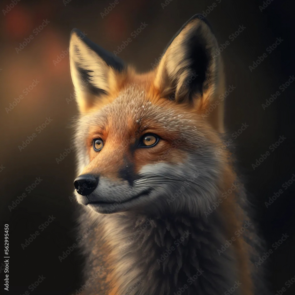 Red fox photorealistic illustration cute dark background generative AI