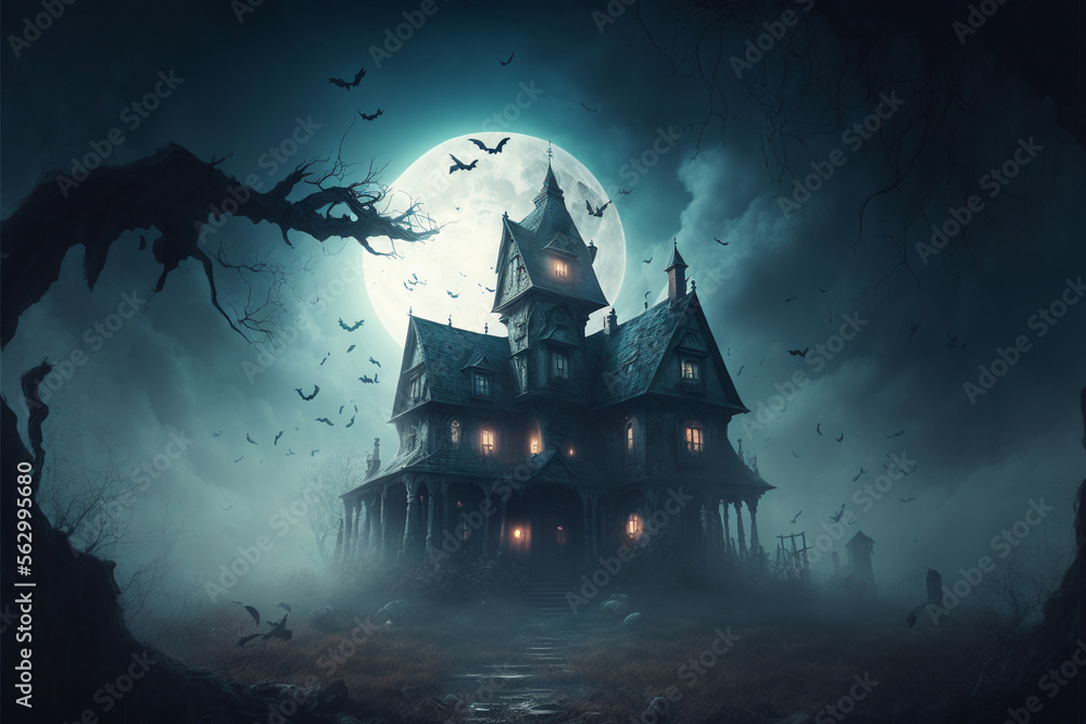 Haunted House with Dark Horror Atmosphere. Halloween Haunted Scene House. AI generated - obrazy, fototapety, plakaty 