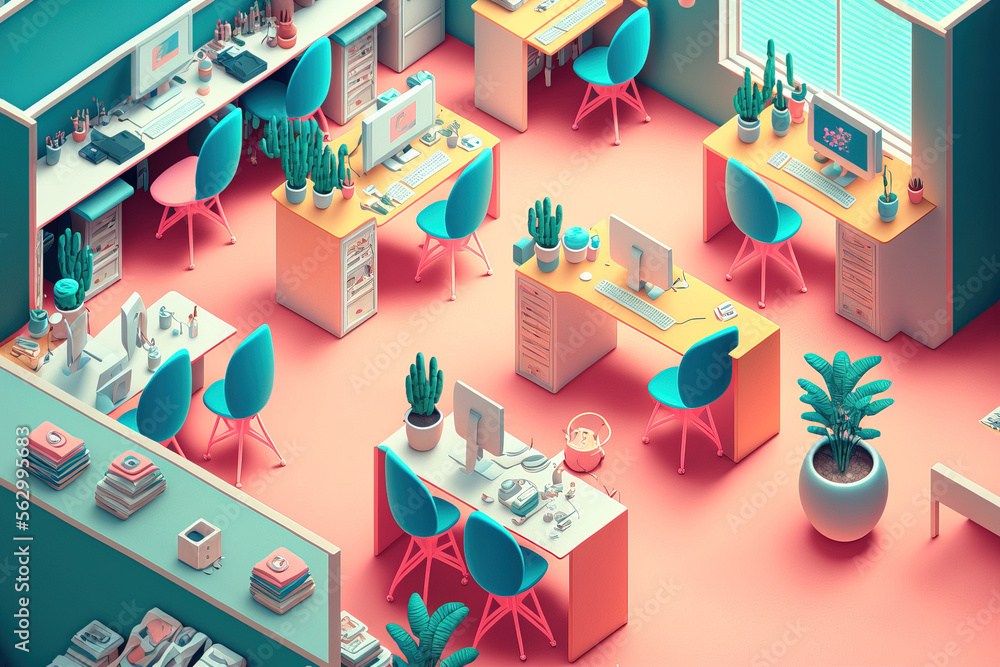 Abstract, beautiful, hardworking pastel office furniture, workplace, working hard in the office. Pleasant pastel working atmosphere. Illustration. Generative AI.