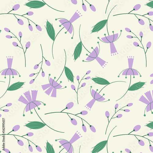 Cute seamless repeat pattern with lilac flowers on light background, fresh spring floral motif. Drawing of bright flowers in a pattern for textiles, wrapping paper and packaging design. Vector
