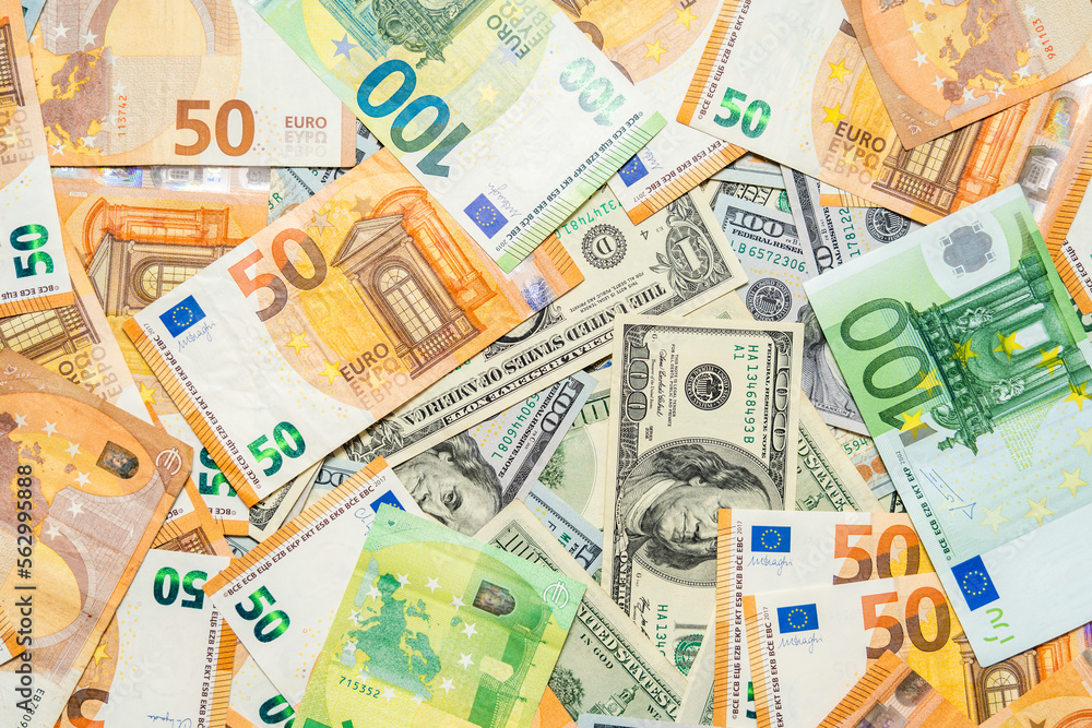 Money pile dollar and euro bills background