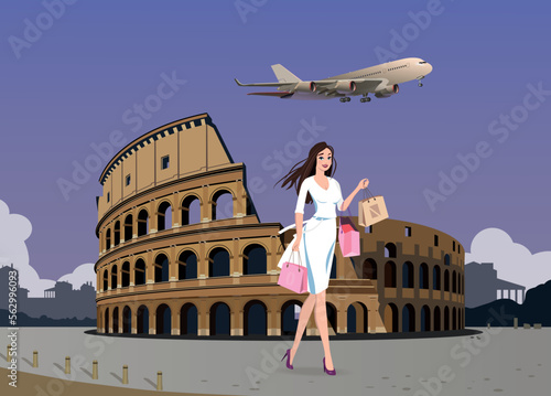 The girl flew to Rome for the weekend for shopping. Vector. photo