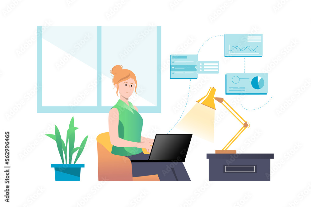 Data analysis concept with people scene in flat cartoon design. Woman in the office works on analyzing data that her colleagues provide electronically. Data analysis concept with people scene in flat cartoon design. Woman in the office works on analyzing data that her colleagues provide electronically.