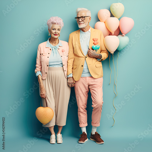 A married couple of pensioners who are happy in love and have a matching outfit of pastel colors. Love that lasts forever. Grandparents holding a heart shaped balloon. Illustration. Generative AI. photo