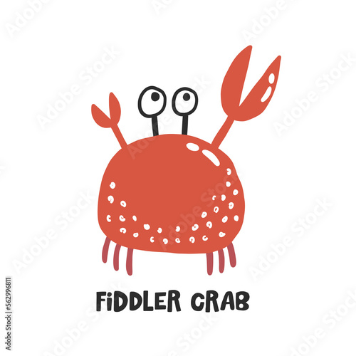 Fiddler crab. Hand drawn vector cartoon illustration for kids. Amusing Sea Animal