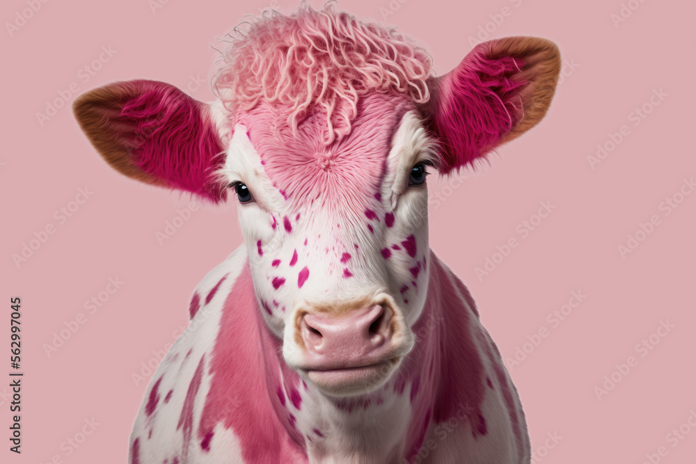 Portrait of pink cow against pink background. Generative AI Stock  Illustration