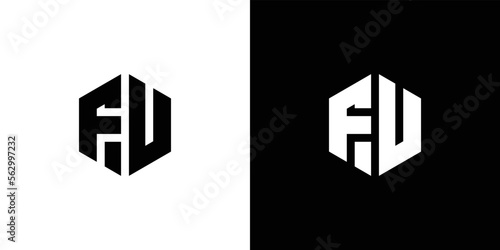 Letter F U polygon, Hexagonal minimal and professional logo design on black and white background