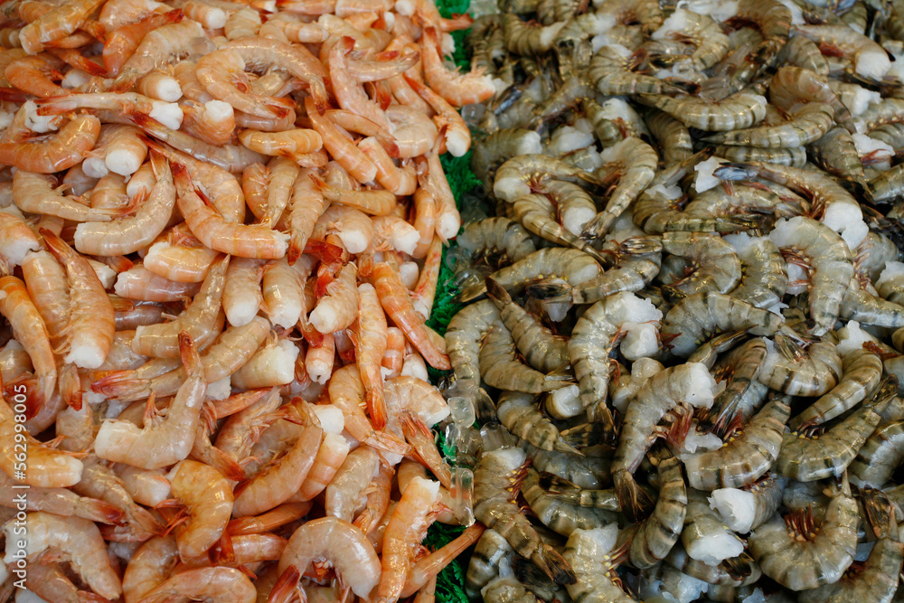 Cooked and uncooked shrimp at the fish market. Cooked and uncooked shrimp at the fish market.