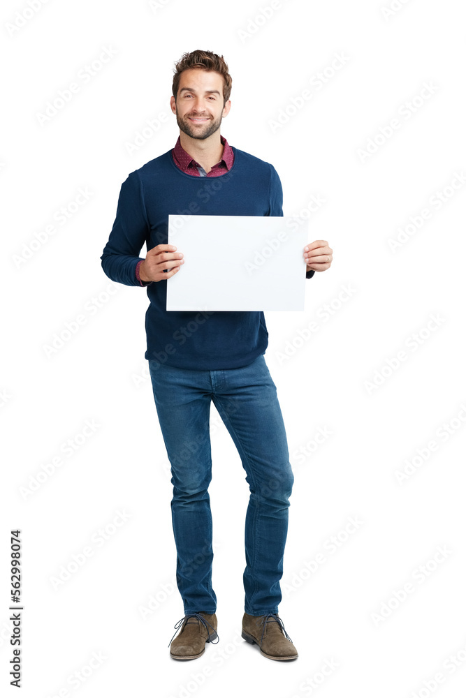 Blank, announcement and portrait of businessman with a billboard isolated on a white background. Marketing, work and an employee with a mockup space poster advertising a brand on a studio background Blank, announcement and portrait of businessman with a billboard isolated on a white background. Marketing, work and an employee with a mockup space poster advertising a brand on a studio background