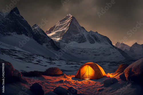 tourist tent camping in mountains at night in bad weather, Generative AI
