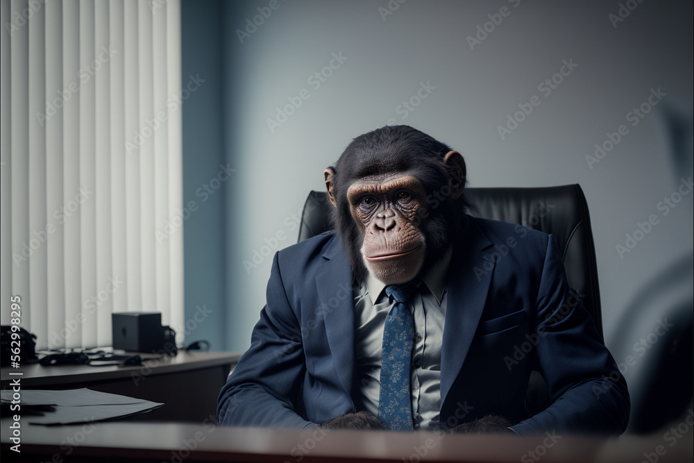 monkey businessman in a stylish classic suit in the office, animal boss