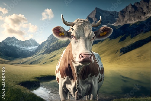 Panoramic view cow , Cinematic landscape, Generative ai 