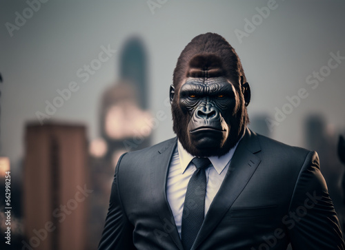 gorilla businessman in a stylish classic suit against the backdrop of a big city, animal boss in human body, entrepreneur anthropomorphic illustration, art created by ai