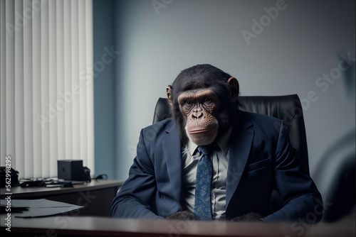 monkey businessman in a stylish classic suit in the office, animal boss in human body, entrepreneur anthropomorphic illustration, art created by ai photo