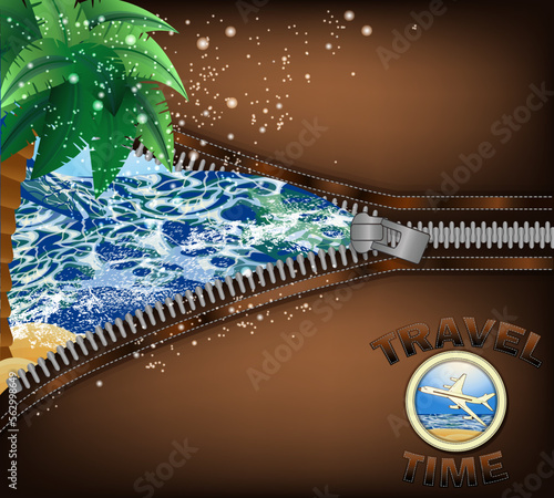 Travel Time invitation card with zipper and palm tree, vector illustration