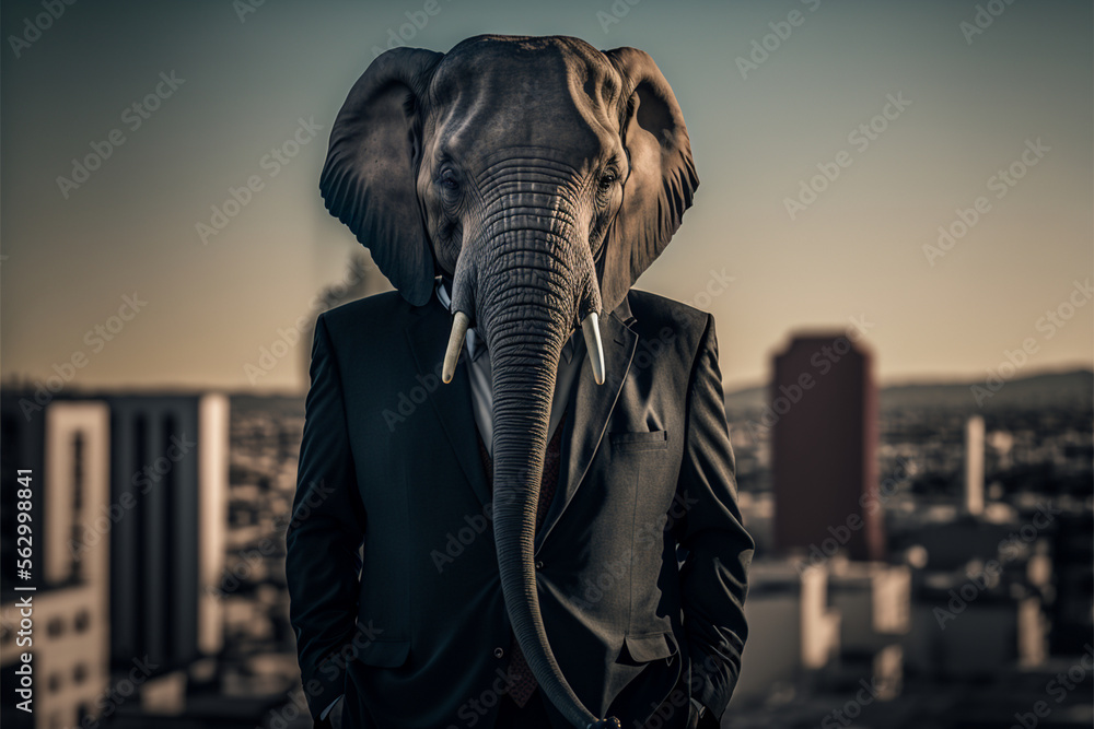 Portrait of a businessman elephant in a stylish classic suit against the backdrop of a big city, animal boss in human body, entrepreneur anthropomorphic illustration, art created by ai