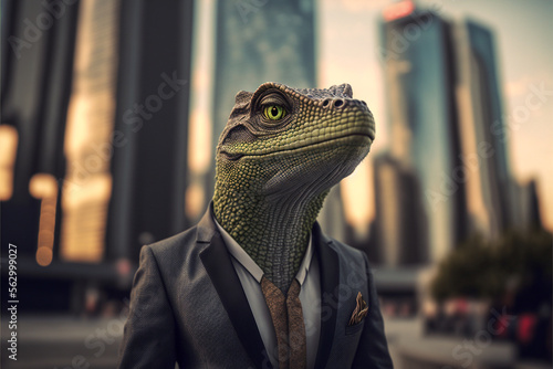 Fototapeta Naklejka Na Ścianę i Meble -  portrait of a lizard businessman in a stylish classic suit against the backdrop of a big city, animal boss in human body, entrepreneur anthropomorphic illustration, art created by ai