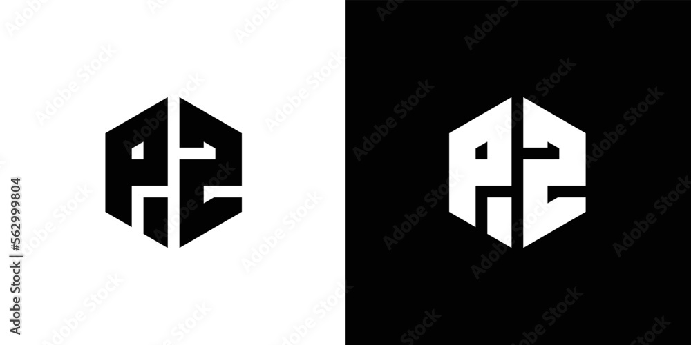 Obraz premium Letter P Z polygon, Hexagonal minimal and professional logo design on black and white background