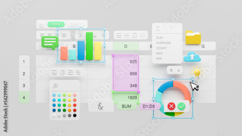 Spreadsheets graphs charts table data business financial report analysis screen software accounting management marketing document growth diagram planning calculate budget statistics. 3d rendering.