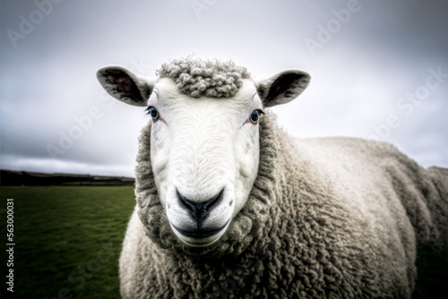 Closeup of a sheep in paddock on an overcast day.