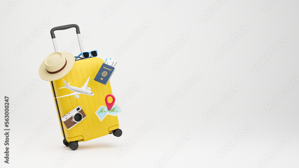 Fototapeta premium Traveler tourist accessories luggage suitcase sun glasses hat camera passport tickets vacation holidays trip plane map pin. travel concept. 3d rendering.